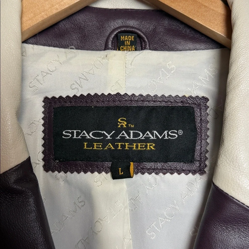 Stacy Adams Men’s Dark Brown Leather Car Coat With Ivory Trim Size Large Vintage